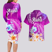 Hawaii Plumeria Flower Couples Matching Long Sleeve Bodycon Dress and Hawaiian Shirt Plumeria FLowers And Polynesian Pattern - Wonder Print Shop