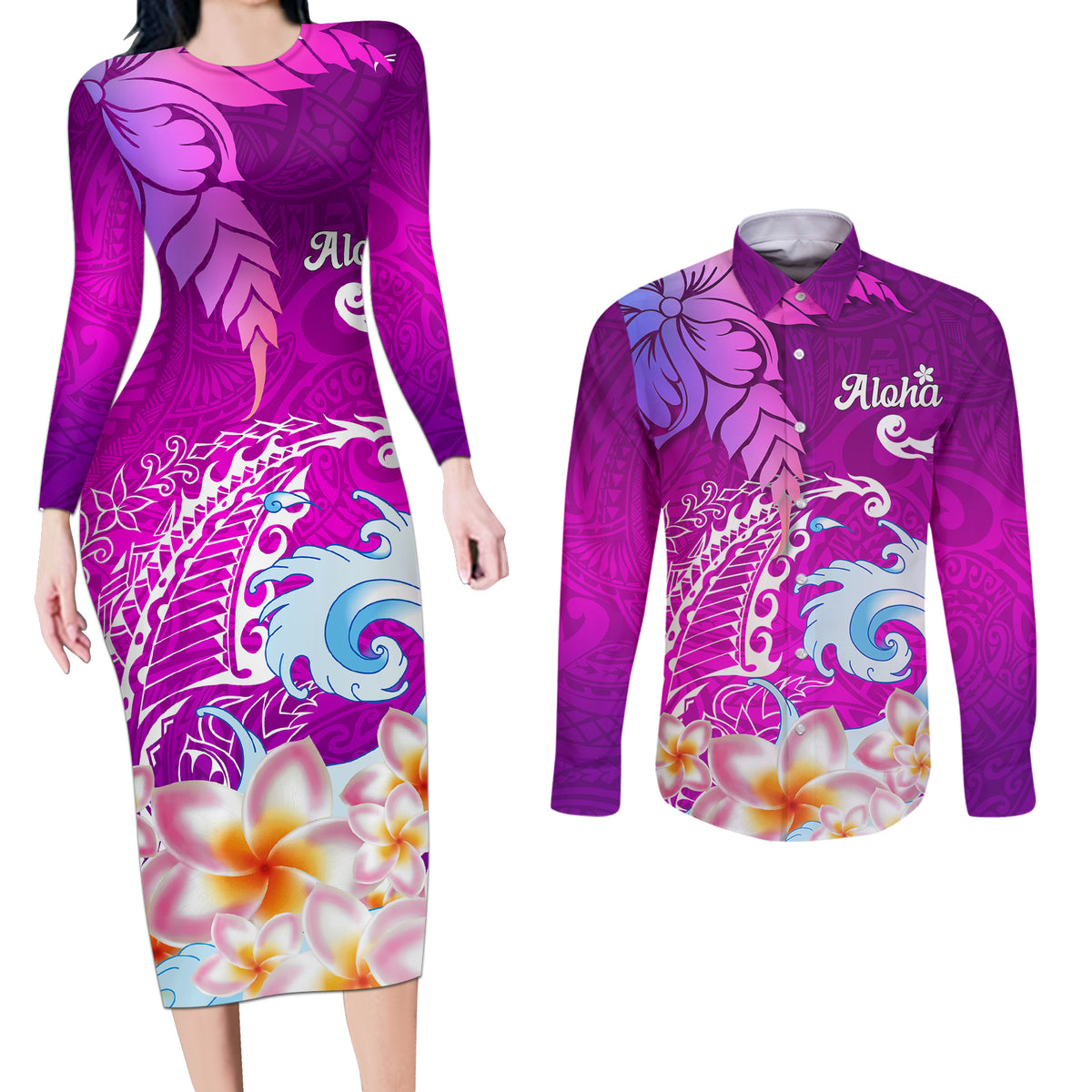 Hawaii Plumeria Flower Couples Matching Long Sleeve Bodycon Dress and Long Sleeve Button Shirts Plumeria FLowers And Polynesian Pattern - Wonder Print Shop