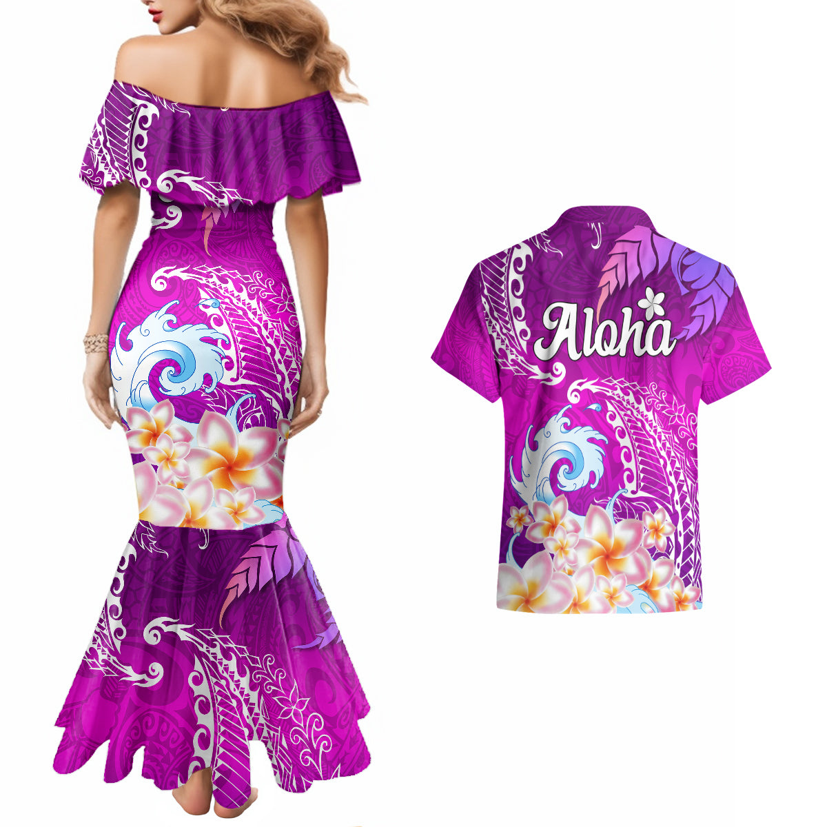 Hawaii Plumeria Flower Couples Matching Mermaid Dress and Hawaiian Shirt Plumeria FLowers And Polynesian Pattern - Wonder Print Shop