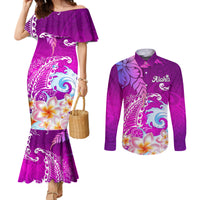 hawaii-plumeria-flower-couples-matching-mermaid-dress-and-long-sleeve-button-shirts-plumeria-flowers-and-polynesian-pattern