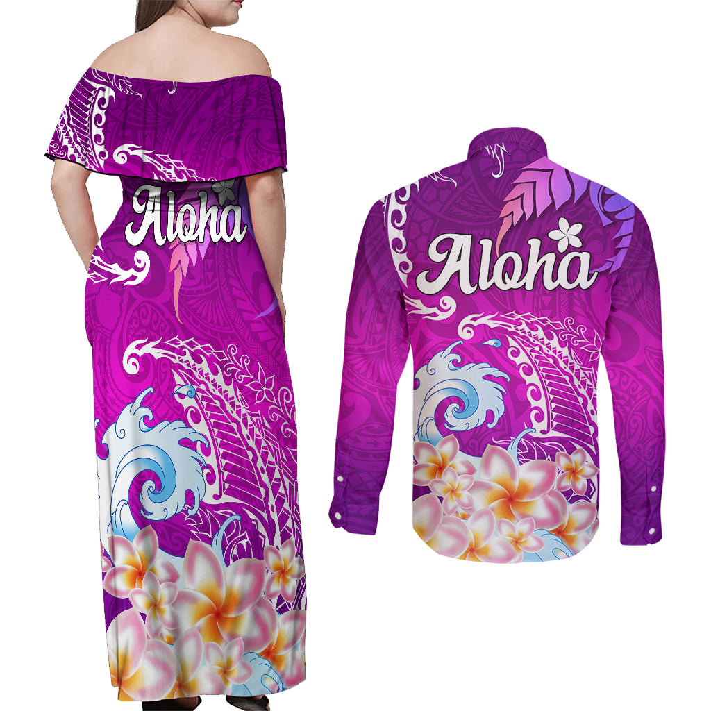 Hawaii Plumeria Flower Couples Matching Off Shoulder Maxi Dress and Long Sleeve Button Shirts Plumeria FLowers And Polynesian Pattern - Wonder Print Shop