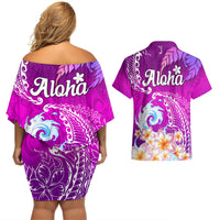 Hawaii Plumeria Flower Couples Matching Off Shoulder Short Dress and Hawaiian Shirt Plumeria FLowers And Polynesian Pattern - Wonder Print Shop