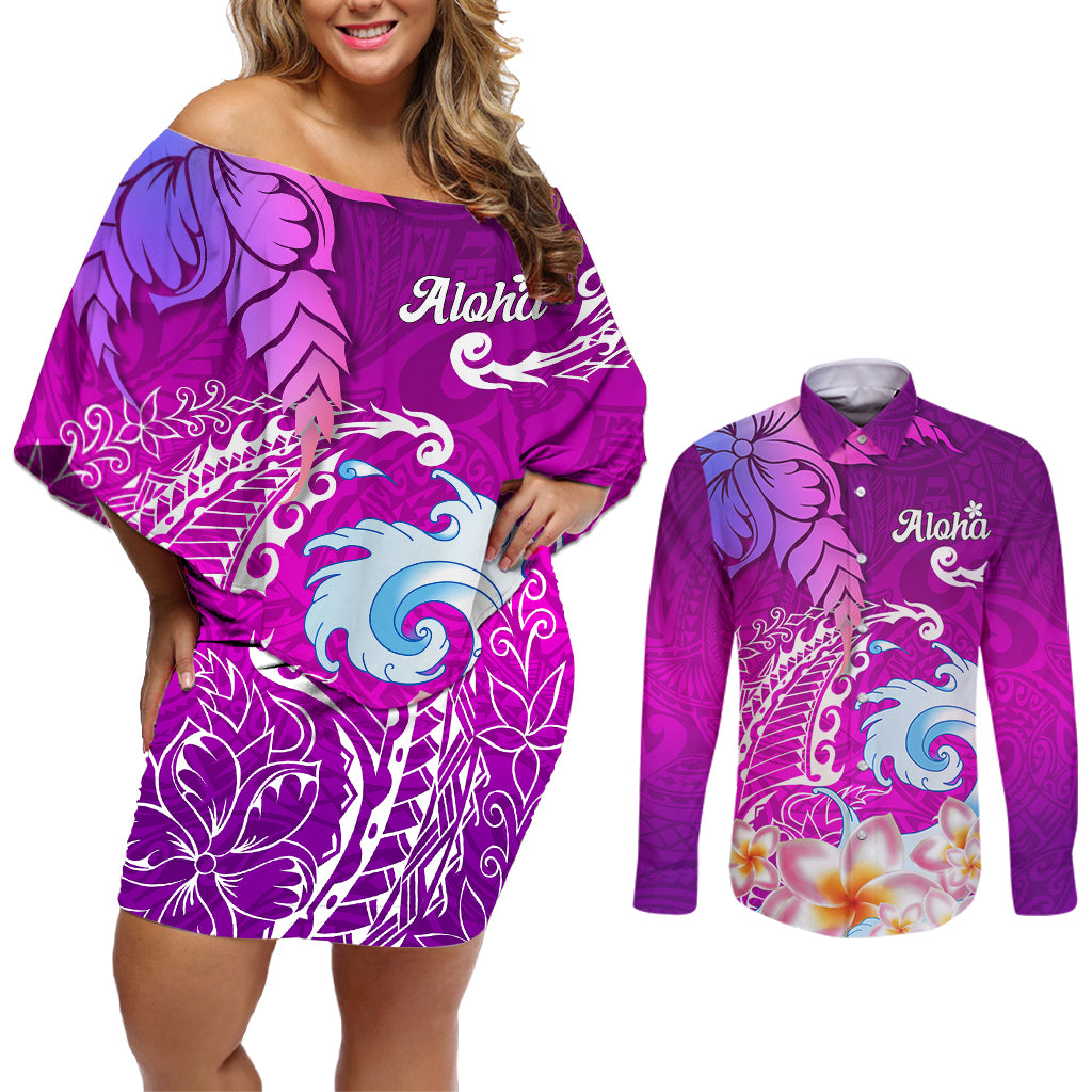 Hawaii Plumeria Flower Couples Matching Off Shoulder Short Dress and Long Sleeve Button Shirts Plumeria FLowers And Polynesian Pattern - Wonder Print Shop