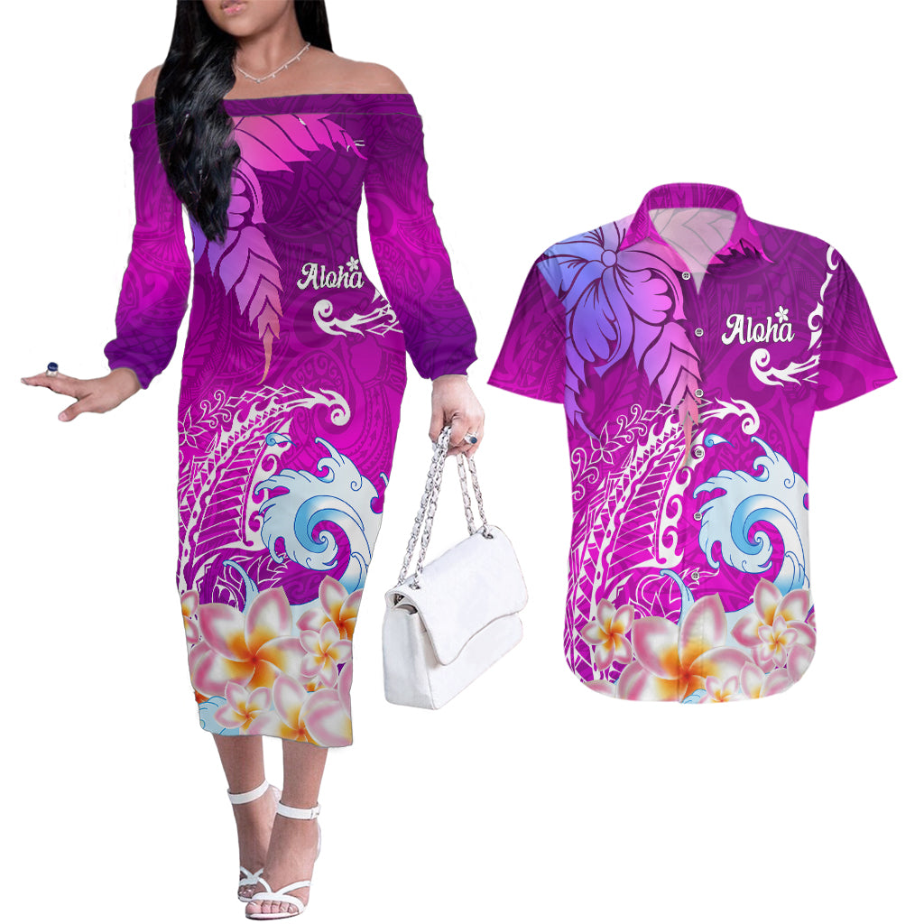 Hawaii Plumeria Flower Couples Matching Off The Shoulder Long Sleeve Dress and Hawaiian Shirt Plumeria FLowers And Polynesian Pattern - Wonder Print Shop