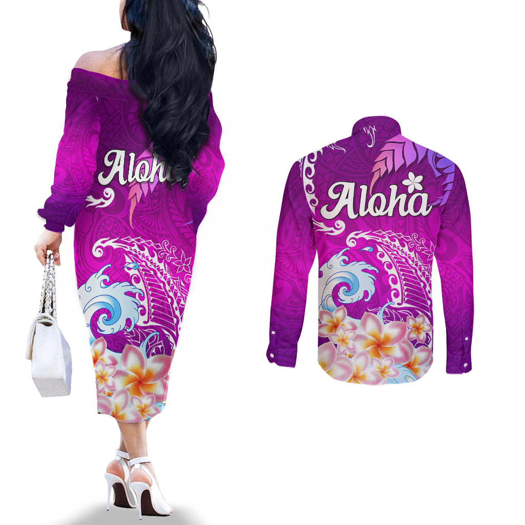 hawaii-plumeria-flower-couples-matching-off-the-shoulder-long-sleeve-dress-and-long-sleeve-button-shirts-plumeria-flowers-and-polynesian-pattern