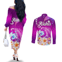hawaii-plumeria-flower-couples-matching-off-the-shoulder-long-sleeve-dress-and-long-sleeve-button-shirts-plumeria-flowers-and-polynesian-pattern