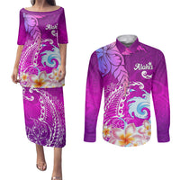 Hawaii Plumeria Flower Couples Matching Puletasi Dress and Long Sleeve Button Shirts Plumeria FLowers And Polynesian Pattern - Wonder Print Shop