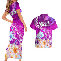 Hawaii Plumeria Flower Couples Matching Short Sleeve Bodycon Dress and Hawaiian Shirt Plumeria FLowers And Polynesian Pattern - Wonder Print Shop