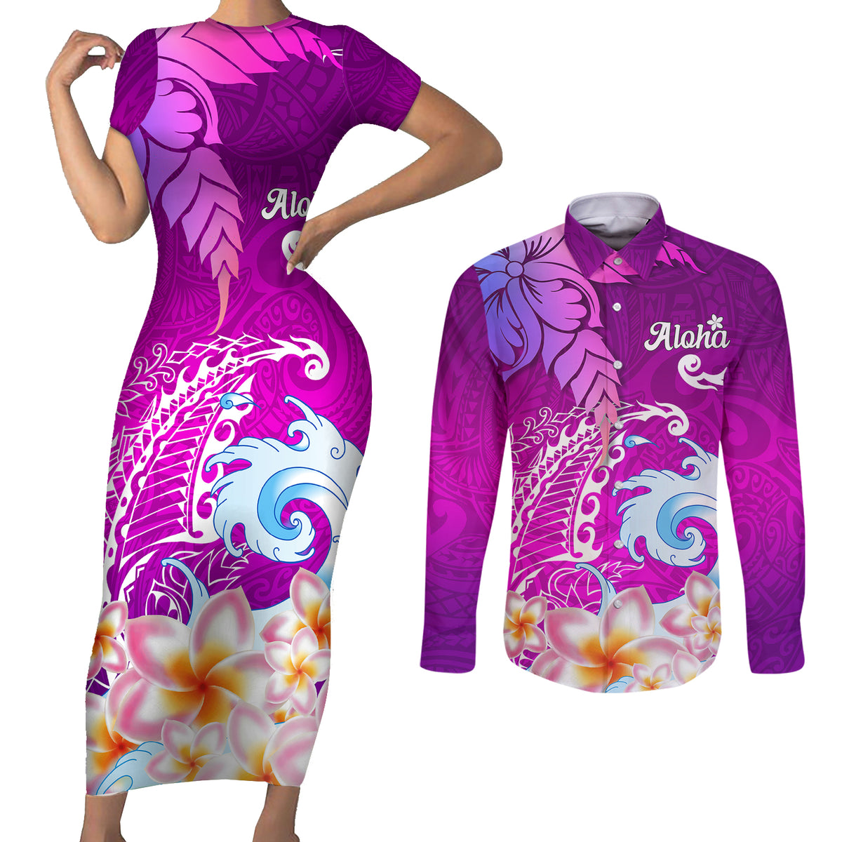 Hawaii Plumeria Flower Couples Matching Short Sleeve Bodycon Dress and Long Sleeve Button Shirts Plumeria FLowers And Polynesian Pattern - Wonder Print Shop
