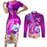 Hawaii Plumeria Flower Couples Matching Short Sleeve Bodycon Dress and Long Sleeve Button Shirts Plumeria FLowers And Polynesian Pattern - Wonder Print Shop