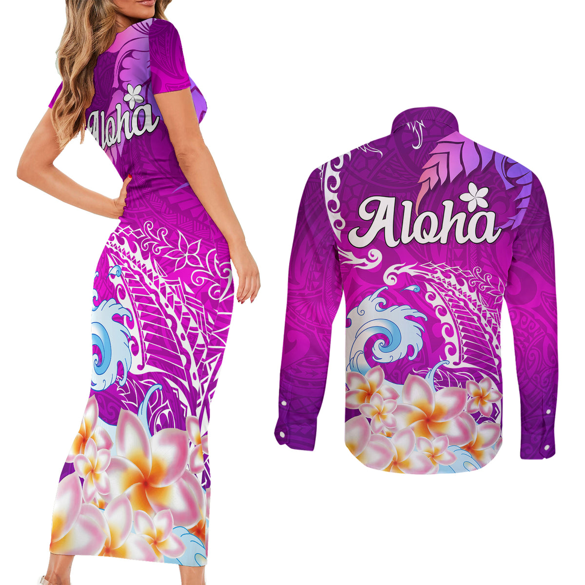 Hawaii Plumeria Flower Couples Matching Short Sleeve Bodycon Dress and Long Sleeve Button Shirts Plumeria FLowers And Polynesian Pattern - Wonder Print Shop