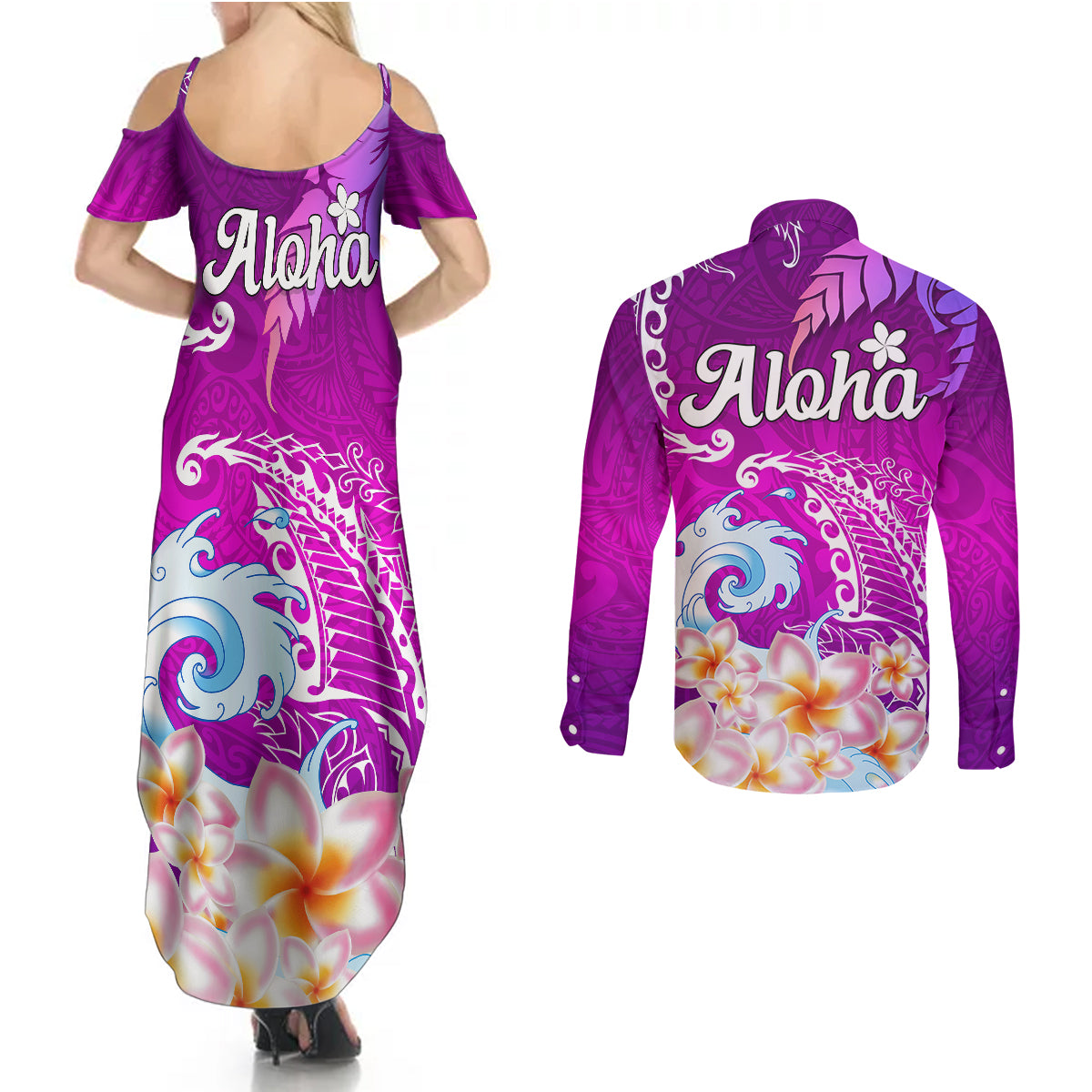 Hawaii Plumeria Flower Couples Matching Summer Maxi Dress and Long Sleeve Button Shirts Plumeria FLowers And Polynesian Pattern - Wonder Print Shop