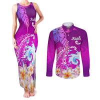 Hawaii Plumeria Flower Couples Matching Tank Maxi Dress and Long Sleeve Button Shirts Plumeria FLowers And Polynesian Pattern - Wonder Print Shop