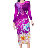 Hawaii Plumeria Flower Long Sleeve Bodycon Dress Plumeria FLowers And Polynesian Pattern - Wonder Print Shop