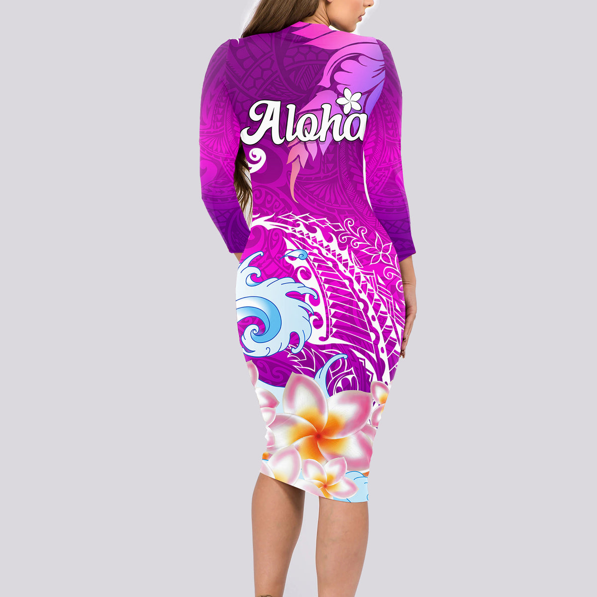 Hawaii Plumeria Flower Long Sleeve Bodycon Dress Plumeria FLowers And Polynesian Pattern - Wonder Print Shop