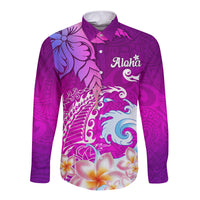 Hawaii Plumeria Flower Long Sleeve Button Shirt Plumeria FLowers And Polynesian Pattern - Wonder Print Shop