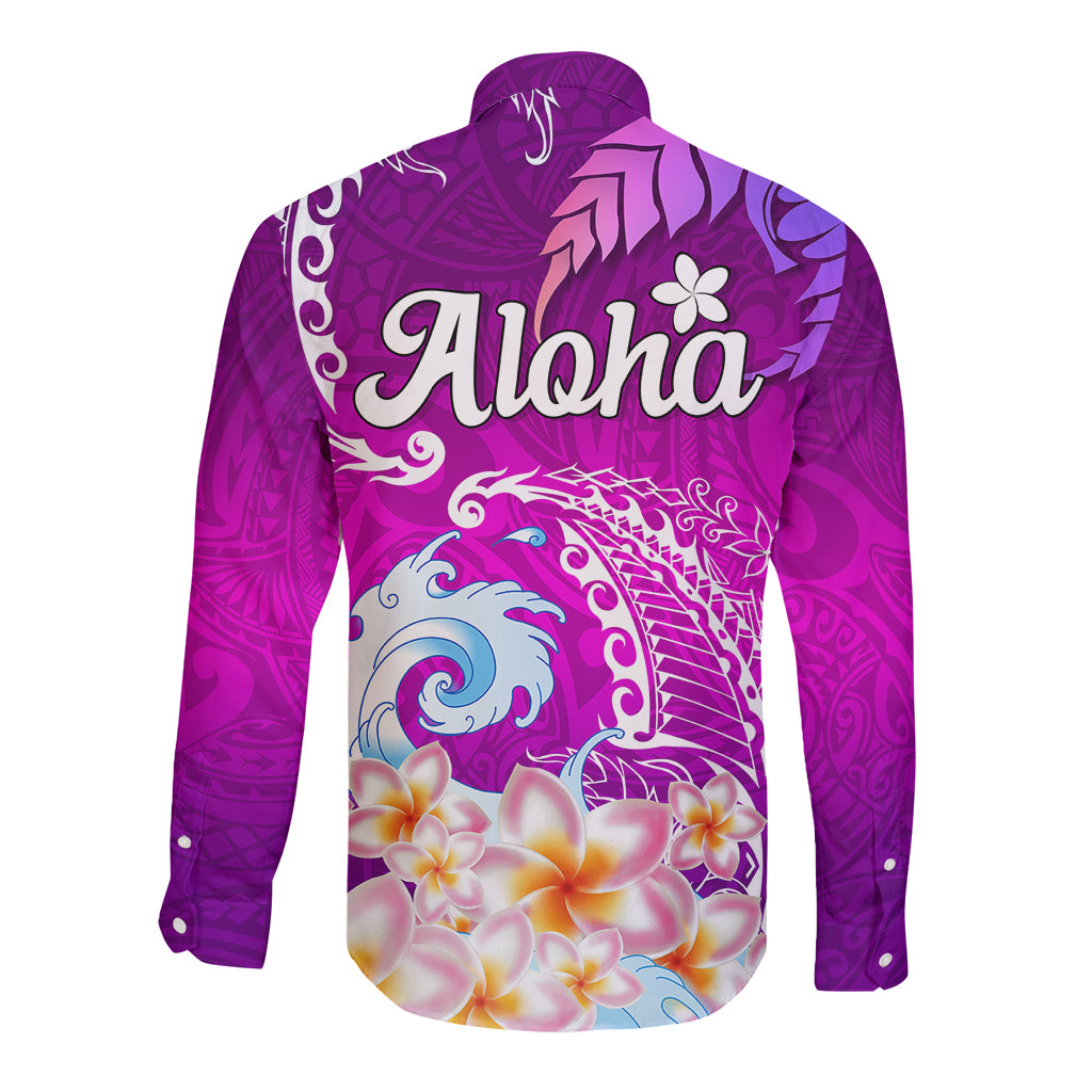 Hawaii Plumeria Flower Long Sleeve Button Shirt Plumeria FLowers And Polynesian Pattern - Wonder Print Shop