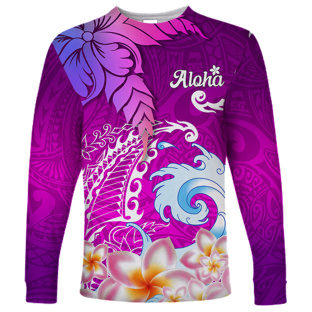 Hawaii Plumeria Flower Long Sleeve Shirt Plumeria FLowers And Polynesian Pattern - Wonder Print Shop
