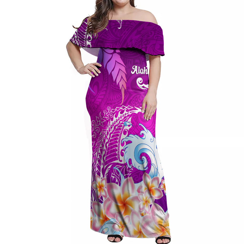 Hawaii Plumeria Flower Off Shoulder Maxi Dress Plumeria FLowers And Polynesian Pattern - Wonder Print Shop