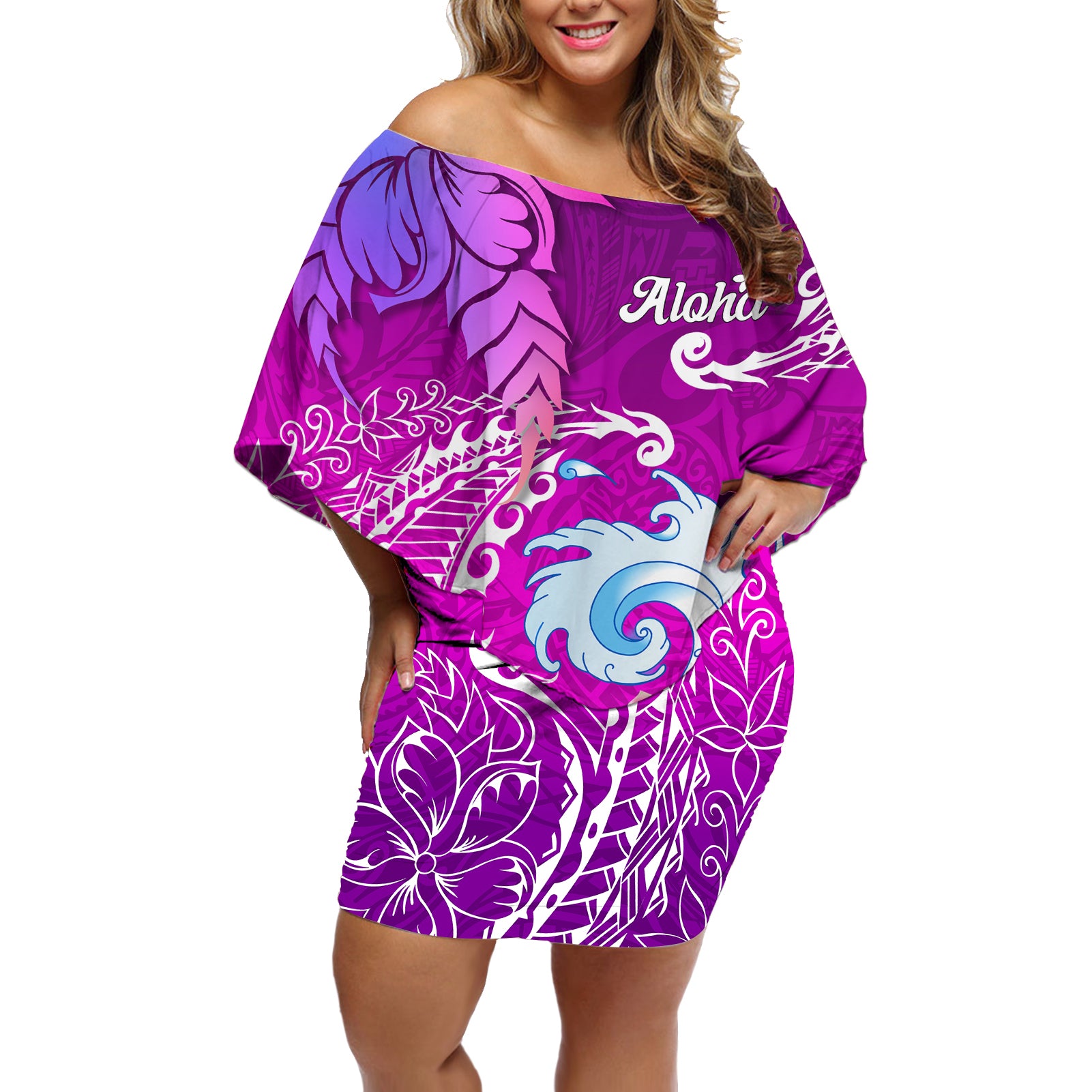 Hawaii Plumeria Flower Off Shoulder Short Dress Plumeria FLowers And Polynesian Pattern - Wonder Print Shop