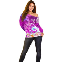 Hawaii Plumeria Flower Off Shoulder Sweater Plumeria FLowers And Polynesian Pattern - Wonder Print Shop