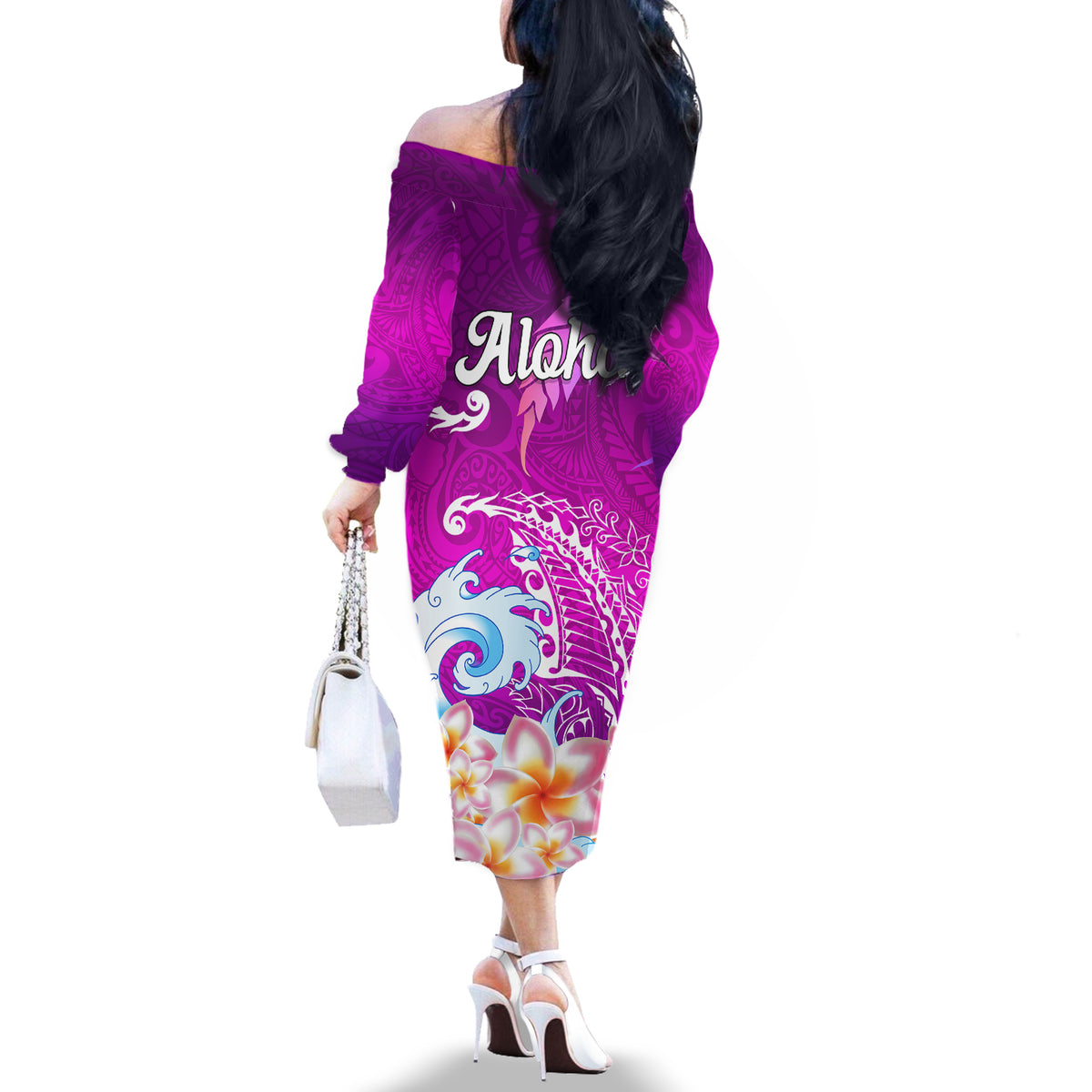 Hawaii Plumeria Flower Off The Shoulder Long Sleeve Dress Plumeria FLowers And Polynesian Pattern - Wonder Print Shop