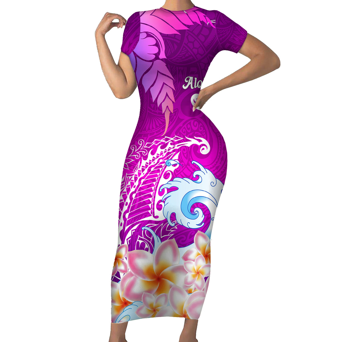 Hawaii Plumeria Flower Short Sleeve Bodycon Dress Plumeria FLowers And Polynesian Pattern - Wonder Print Shop