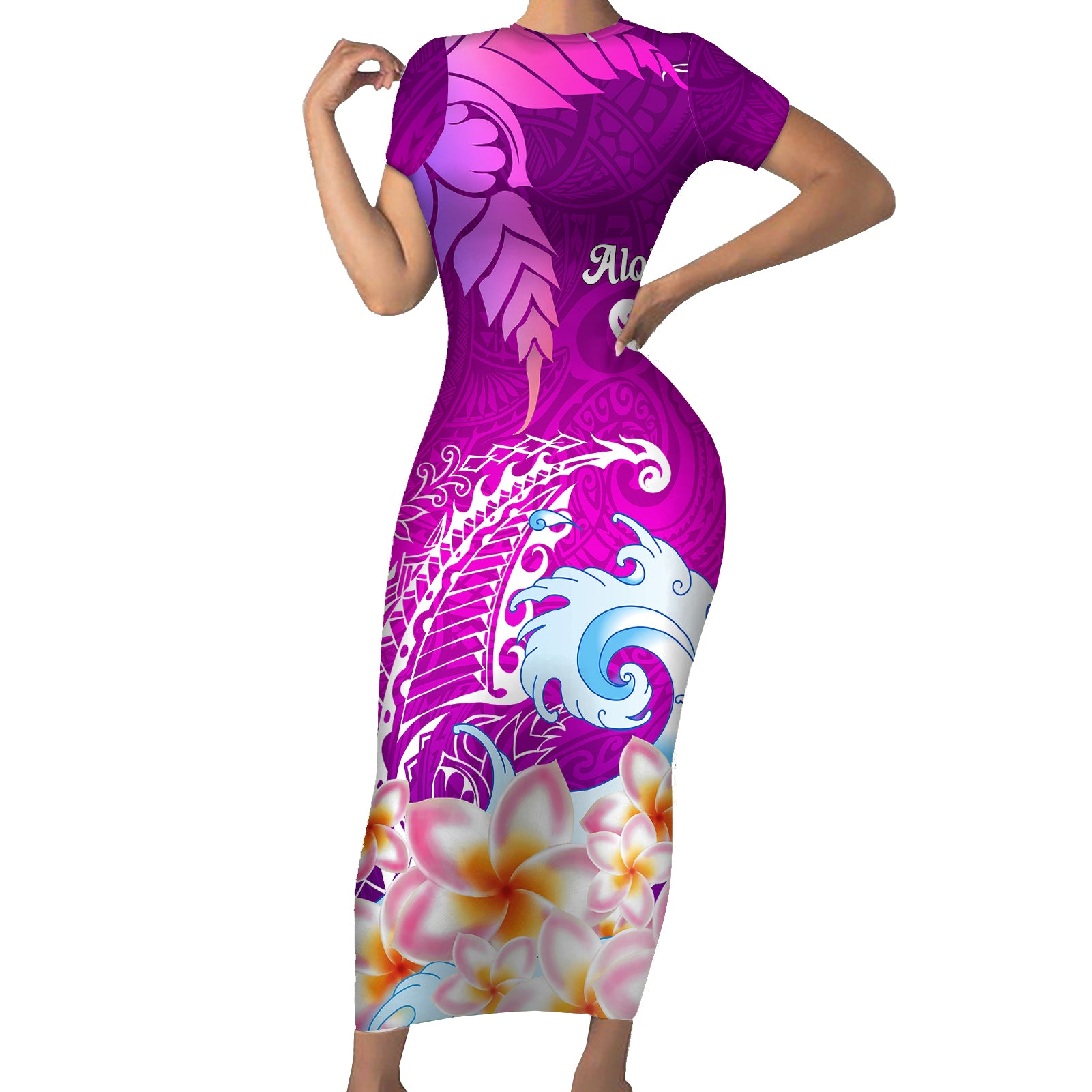 Hawaii Plumeria Flower Short Sleeve Bodycon Dress Plumeria FLowers And Polynesian Pattern - Wonder Print Shop