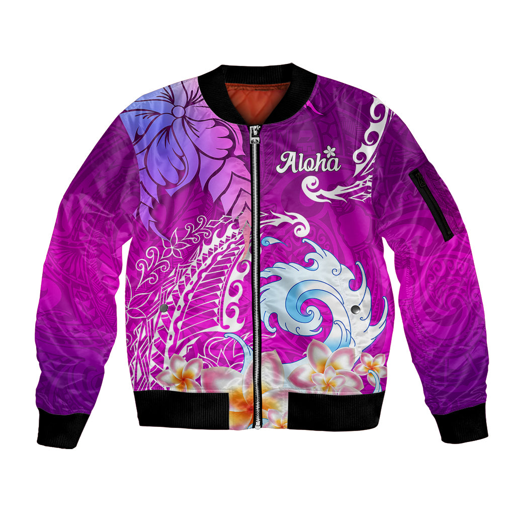 Hawaii Plumeria Flower Sleeve Zip Bomber Jacket Plumeria FLowers And Polynesian Pattern - Wonder Print Shop