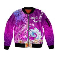 Hawaii Plumeria Flower Sleeve Zip Bomber Jacket Plumeria FLowers And Polynesian Pattern - Wonder Print Shop