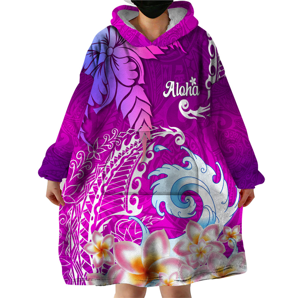 Hawaii Plumeria Flower Wearable Blanket Hoodie Plumeria FLowers And Polynesian Pattern - Wonder Print Shop
