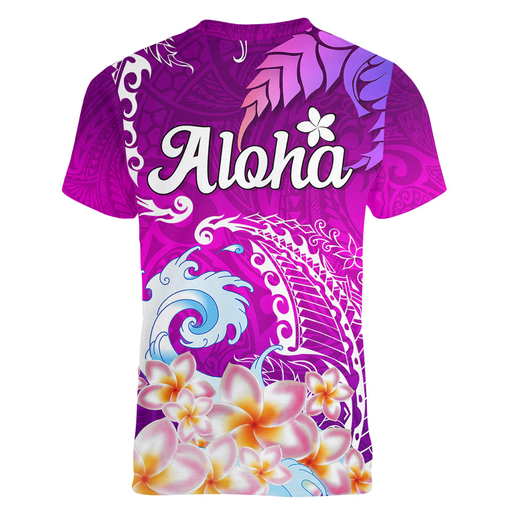 Hawaii Plumeria Flower Women V Neck T Shirt Plumeria FLowers And Polynesian Pattern - Wonder Print Shop