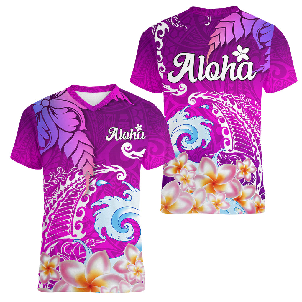 Hawaii Plumeria Flower Women V Neck T Shirt Plumeria FLowers And Polynesian Pattern - Wonder Print Shop