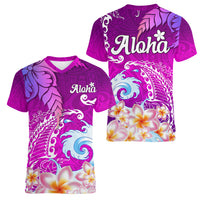 Hawaii Plumeria Flower Women V Neck T Shirt Plumeria FLowers And Polynesian Pattern - Wonder Print Shop