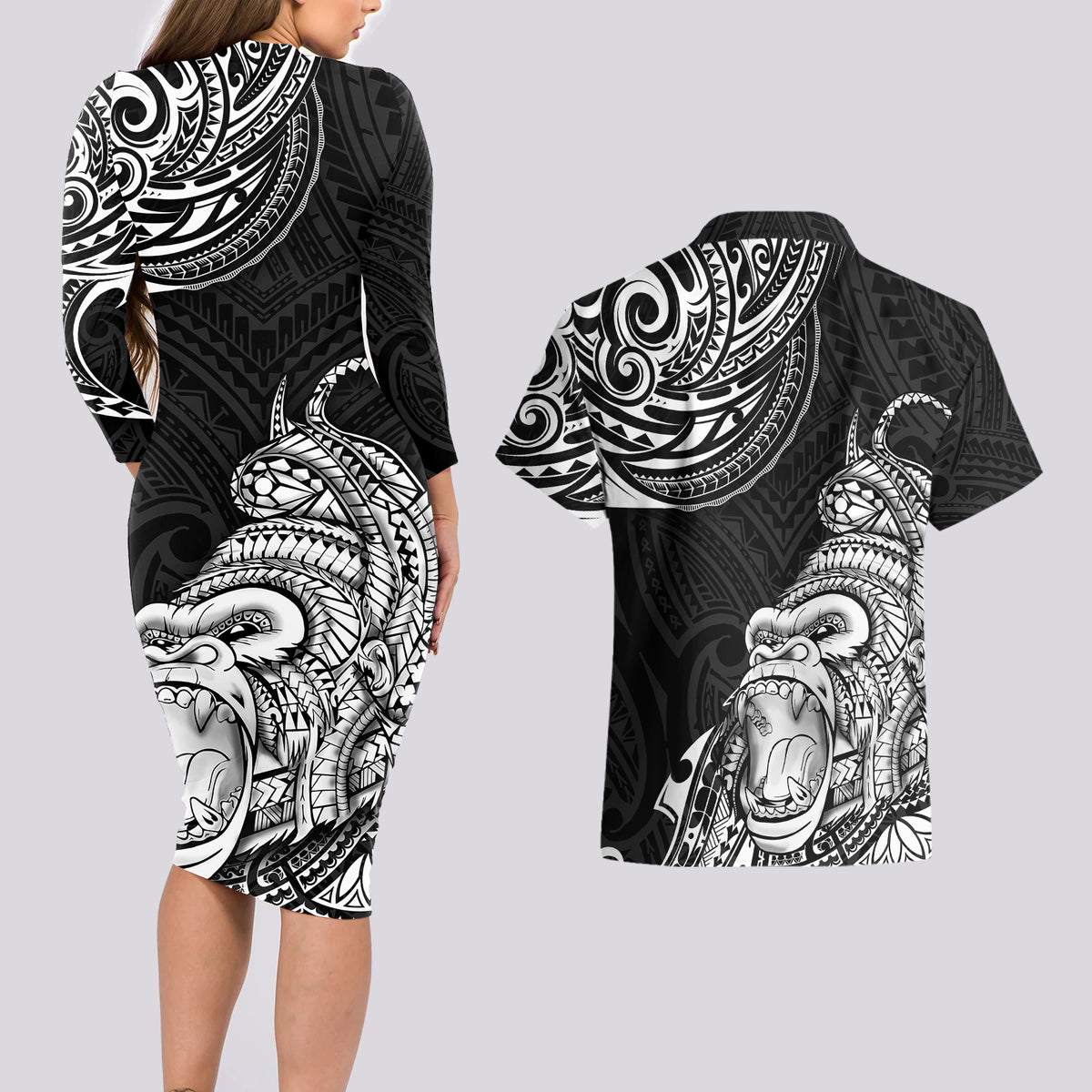 Hawaii Polynesian Couples Matching Long Sleeve Bodycon Dress and Hawaiian Shirt Gorila Tatoo Polynesian Style - Wonder Print Shop