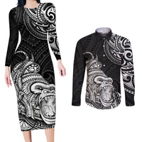 Hawaii Polynesian Couples Matching Long Sleeve Bodycon Dress and Long Sleeve Button Shirts Gorila Tatoo Polynesian Style - Wonder Print Shop