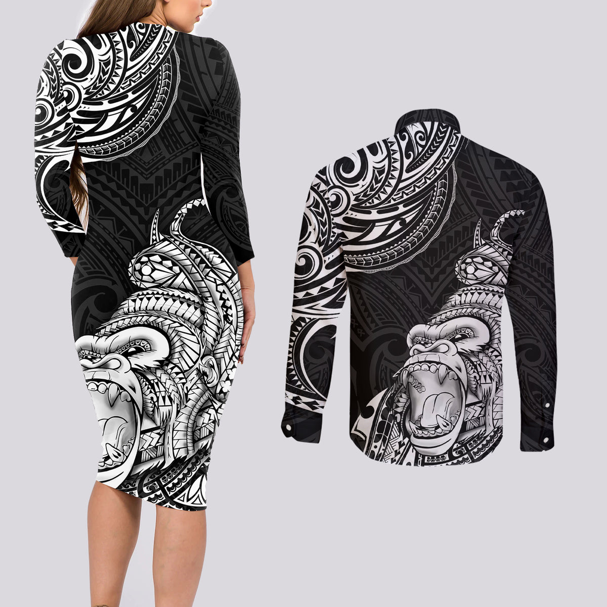Hawaii Polynesian Couples Matching Long Sleeve Bodycon Dress and Long Sleeve Button Shirts Gorila Tatoo Polynesian Style - Wonder Print Shop