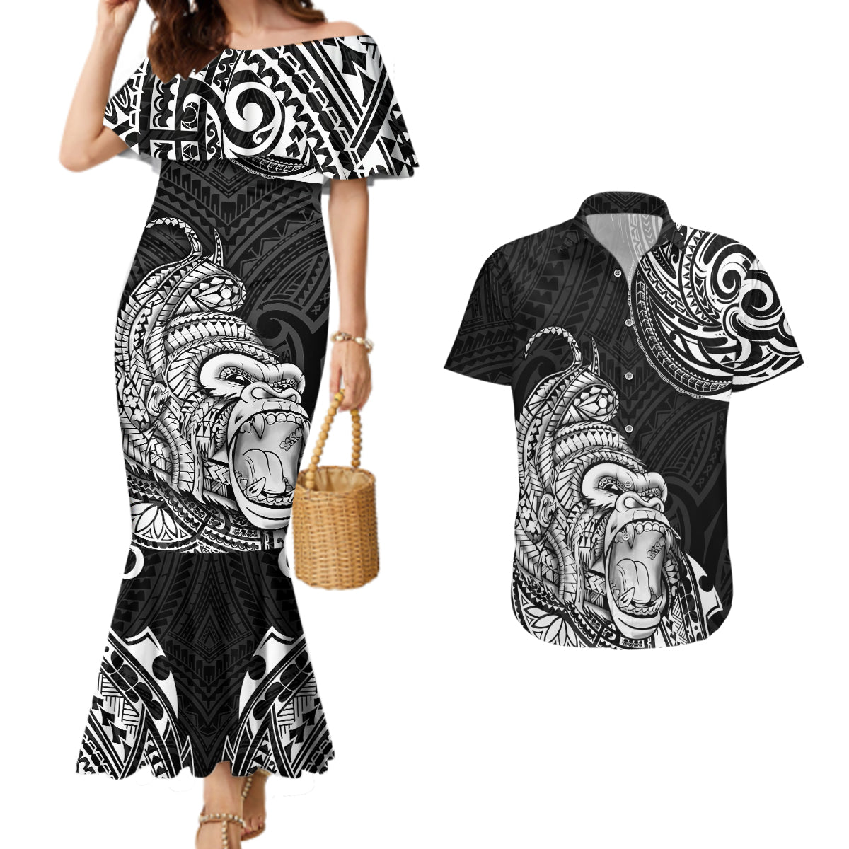 Hawaii Polynesian Couples Matching Mermaid Dress and Hawaiian Shirt Gorila Tatoo Polynesian Style - Wonder Print Shop