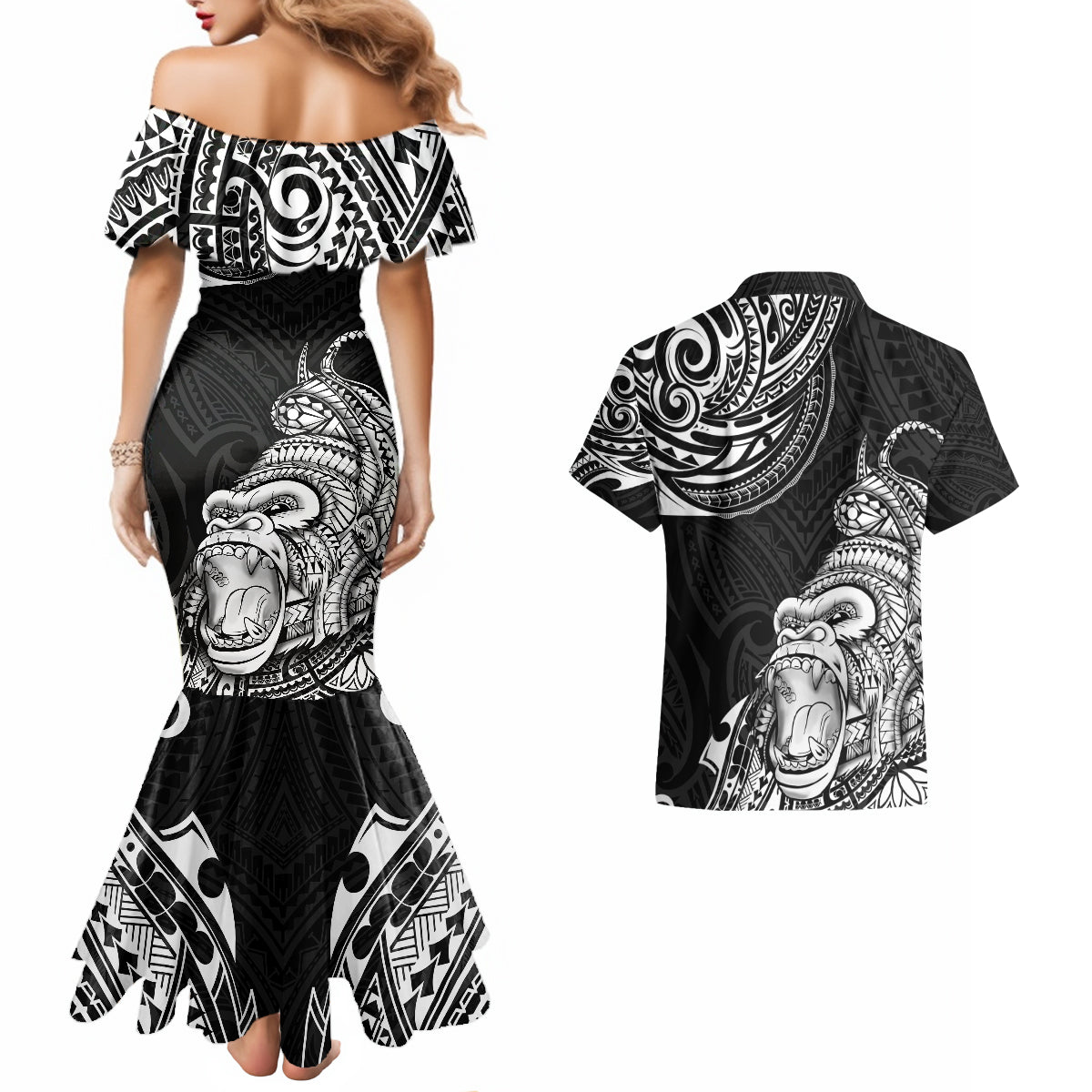 Hawaii Polynesian Couples Matching Mermaid Dress and Hawaiian Shirt Gorila Tatoo Polynesian Style - Wonder Print Shop