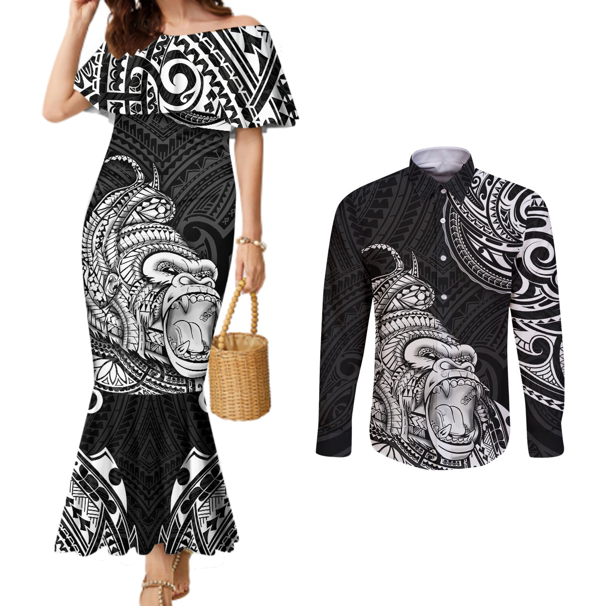 hawaii-polynesian-couples-matching-mermaid-dress-and-long-sleeve-button-shirts-gorila-tatoo-polynesian-style