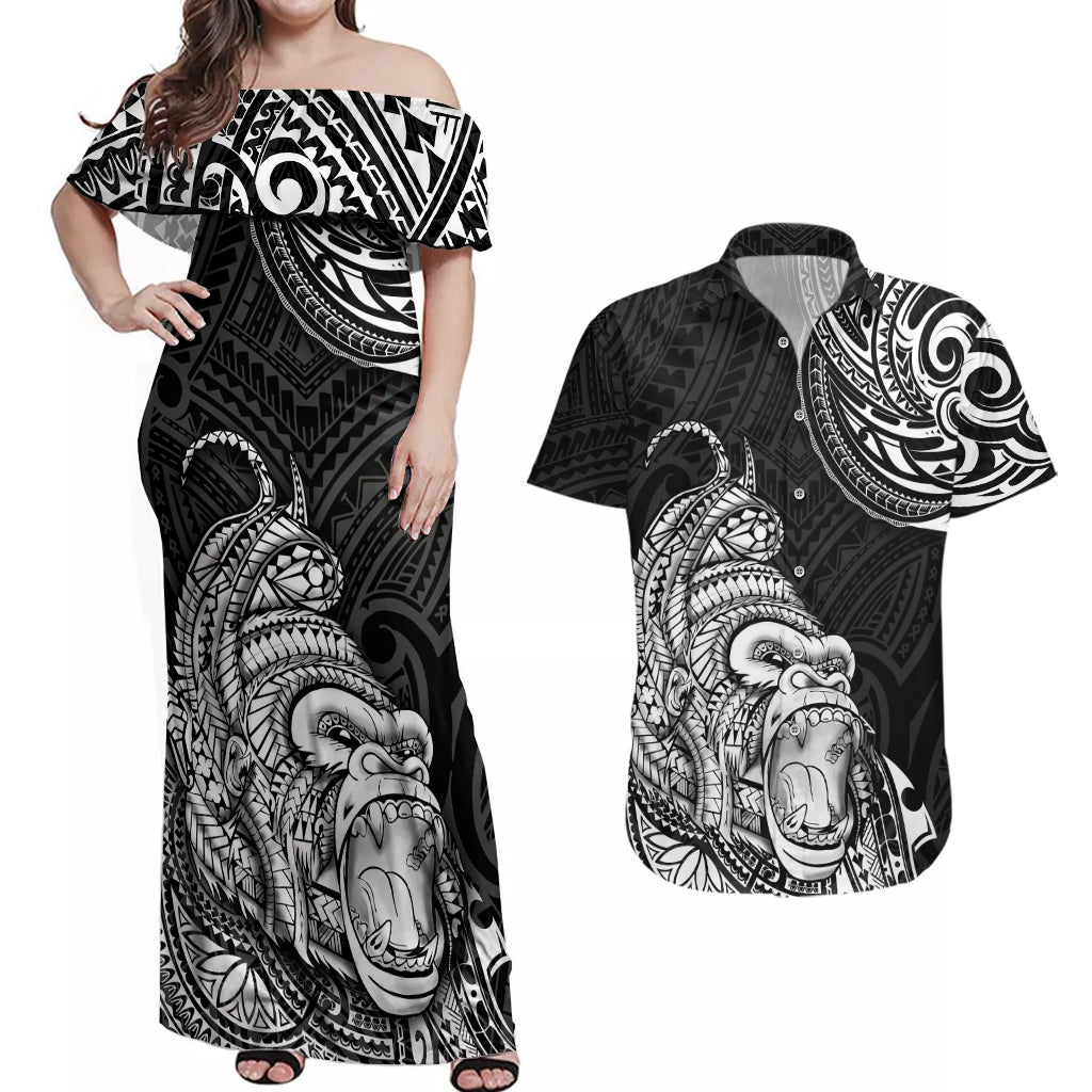 Hawaii Polynesian Couples Matching Off Shoulder Maxi Dress and Hawaiian Shirt Gorila Tatoo Polynesian Style - Wonder Print Shop