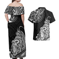 Hawaii Polynesian Couples Matching Off Shoulder Maxi Dress and Hawaiian Shirt Gorila Tatoo Polynesian Style - Wonder Print Shop