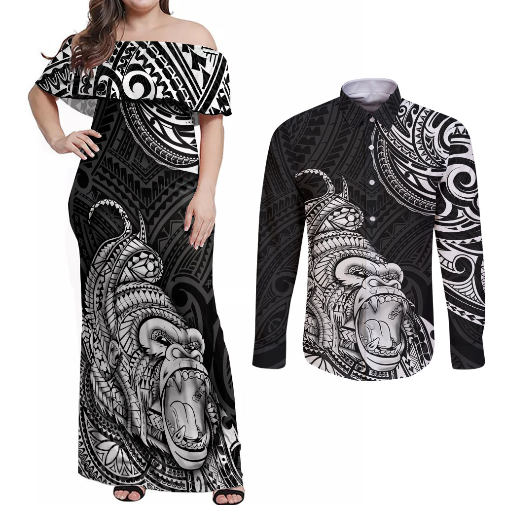 Hawaii Polynesian Couples Matching Off Shoulder Maxi Dress and Long Sleeve Button Shirts Gorila Tatoo Polynesian Style - Wonder Print Shop