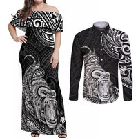 Hawaii Polynesian Couples Matching Off Shoulder Maxi Dress and Long Sleeve Button Shirts Gorila Tatoo Polynesian Style - Wonder Print Shop