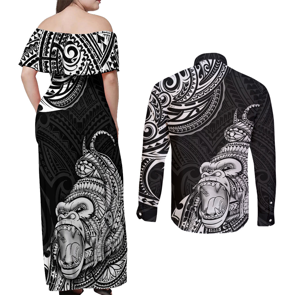 Hawaii Polynesian Couples Matching Off Shoulder Maxi Dress and Long Sleeve Button Shirts Gorila Tatoo Polynesian Style - Wonder Print Shop