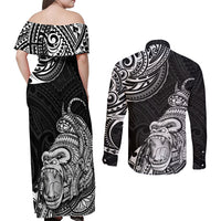 Hawaii Polynesian Couples Matching Off Shoulder Maxi Dress and Long Sleeve Button Shirts Gorila Tatoo Polynesian Style - Wonder Print Shop