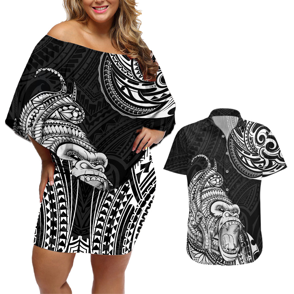 Hawaii Polynesian Couples Matching Off Shoulder Short Dress and Hawaiian Shirt Gorila Tatoo Polynesian Style - Wonder Print Shop