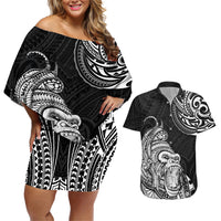 Hawaii Polynesian Couples Matching Off Shoulder Short Dress and Hawaiian Shirt Gorila Tatoo Polynesian Style - Wonder Print Shop