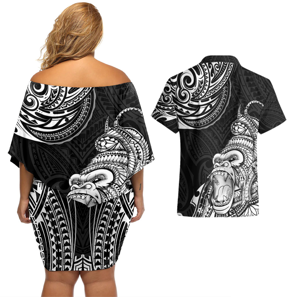 Hawaii Polynesian Couples Matching Off Shoulder Short Dress and Hawaiian Shirt Gorila Tatoo Polynesian Style - Wonder Print Shop