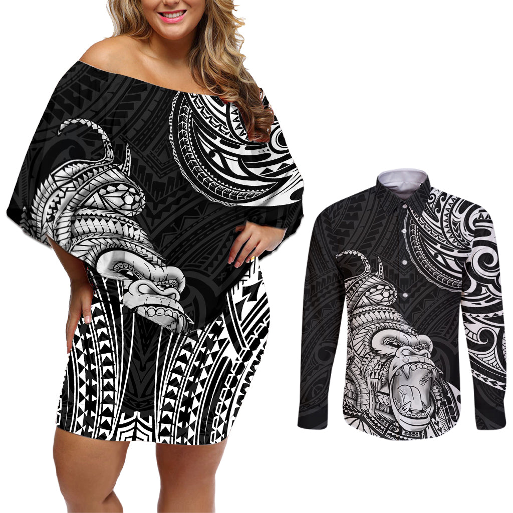 Hawaii Polynesian Couples Matching Off Shoulder Short Dress and Long Sleeve Button Shirts Gorila Tatoo Polynesian Style - Wonder Print Shop